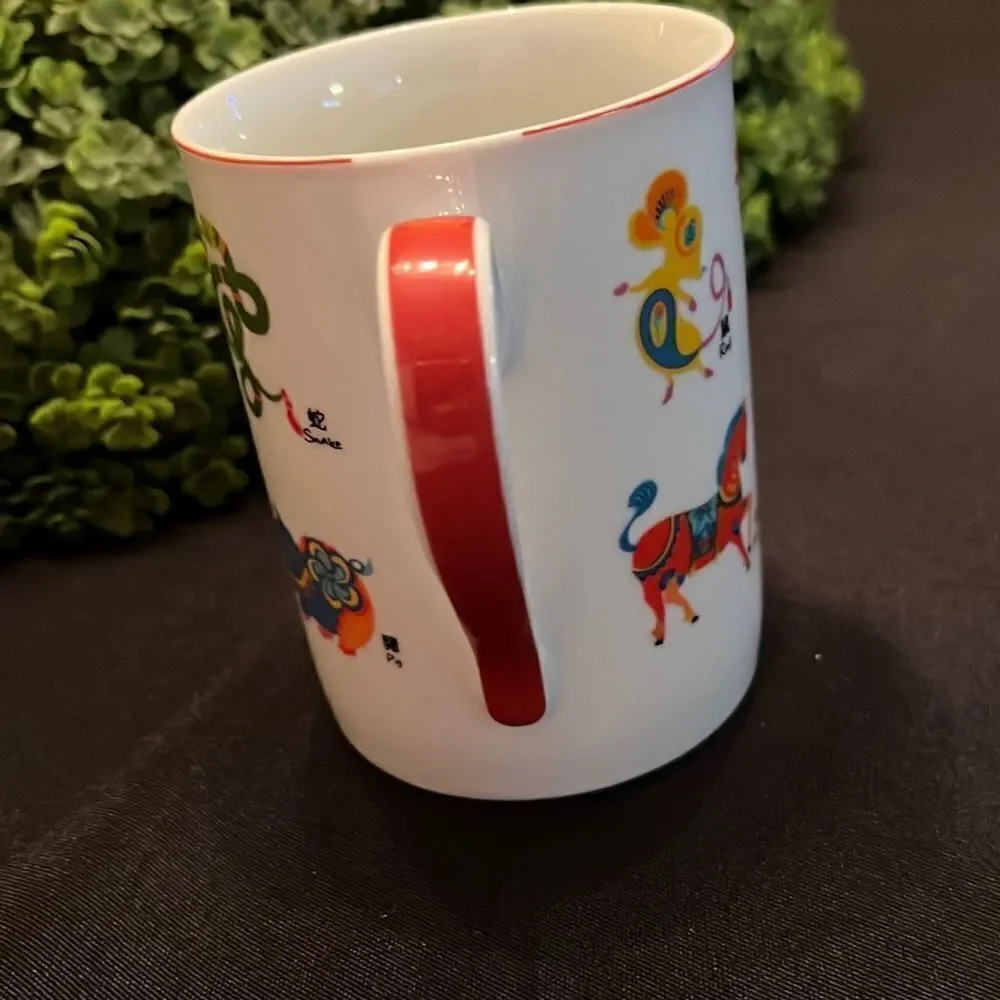 Pier 1 Chinese Zodiac Coffee Tea Mug Cup Porcelain White Red Handle